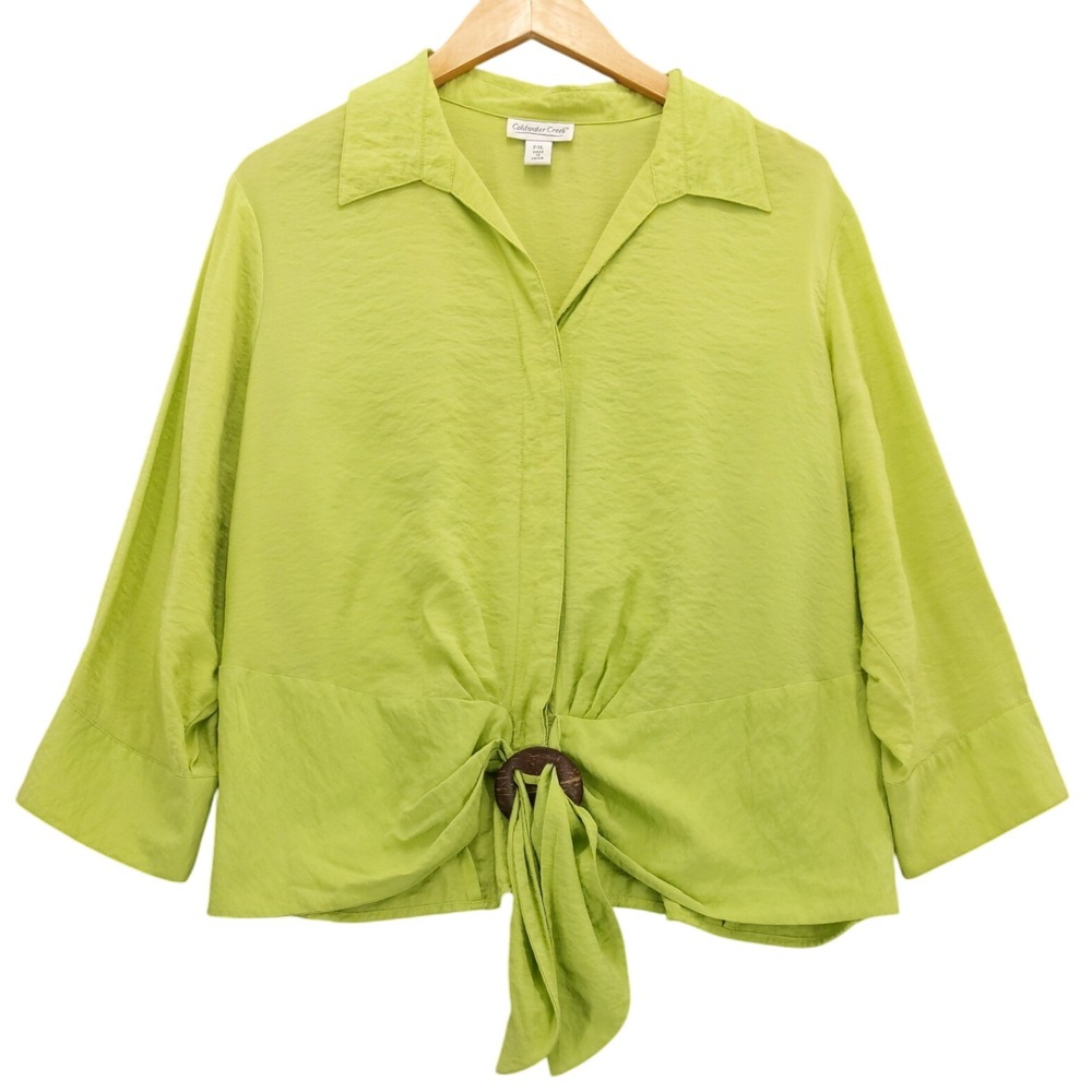 Coldwater Creek PXL Lime Green Textured Tie Front Shirt Blouse Women's‎